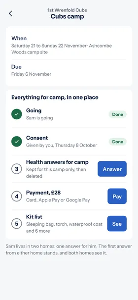 A parent getting Sam ready for Cubs camp with 1st Wrenfold Scouts: going, consent, health answers, payment and the kit list, step by step.