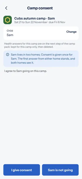 A camp consent form for the Cubs autumn camp, with I give consent and Sam is not going buttons.