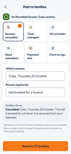 Posting to the Cubs section of 1st Wrenfold Scouts: session cancelled, time changed, kit reminder and more.