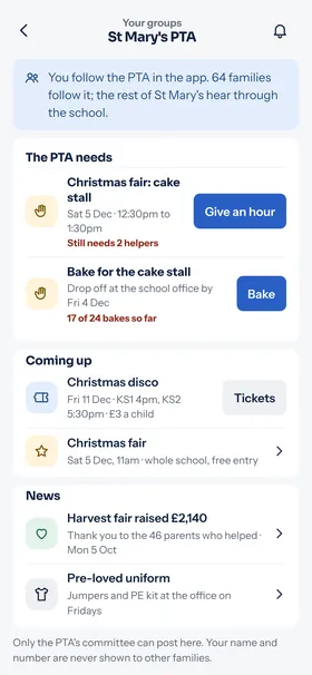 A made-up PTA's page in Paryta, St Mary's PTA: what the PTA needs, such as cake stall helpers and bakes, what is coming up and the news.