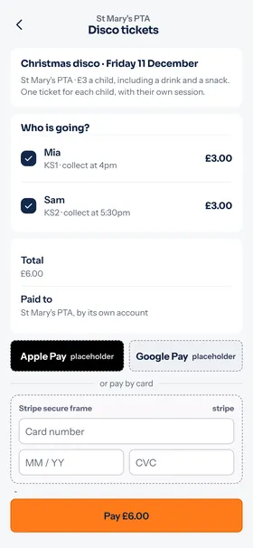 Buying Christmas disco tickets from St Mary's PTA for two children, paid in the app.