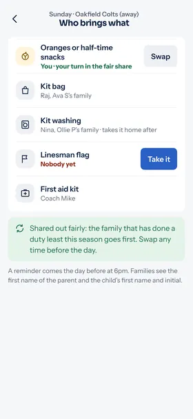 Who brings what on Sunday: oranges, the kit bag, the linesman flag and the first aid kit, with Take it buttons.