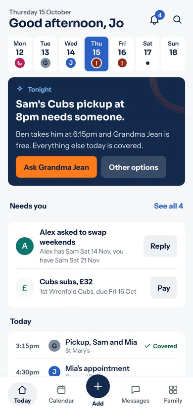 Paryta's Today screen for Jo, a made-up parent, on Thursday 15 October. A navy card says: Tonight, Sam's Cubs pickup at 8pm needs someone. Ben takes him at 6:15pm and Grandma Jean is free. Buttons: Ask Grandma Jean, Other options. Below: Needs you, with Alex asking to swap weekends and Cubs subs due, then today's plans, with the 3:15pm pickup covered.