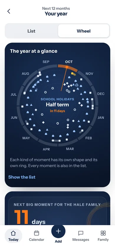 Paryta's year view for a made-up family: a wheel of the next 12 months with half term highlighted in 11 days, and a card underneath counting down to the next big moment.